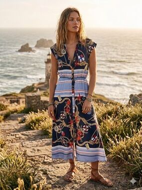 Zara Nautical Print Cap-Sleeve Midi Dress in Navy and Light Blue